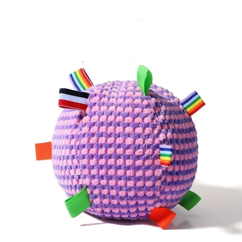 17cm diameter pineapple lattice dog toy in blue and yellow colour combination showing textured surface pattern