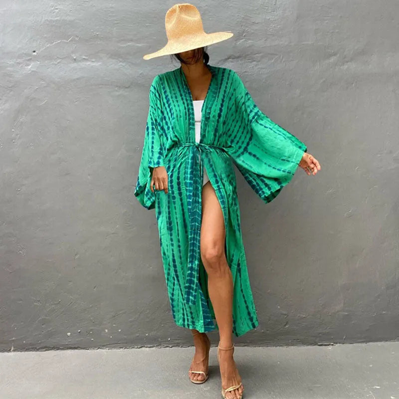 Printed Cotton Bikini Cover-Up Shirt in Average Size for Beach Sun Protection and Poolside Wear, available in 12 vibrant colour options including DN0712 deep blue, rust red, rose red, and black apricot with loose fit and 135cm length