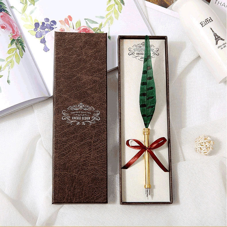 European Retro Feather Pen Gift Box with stainless steel shell and elegant feather design