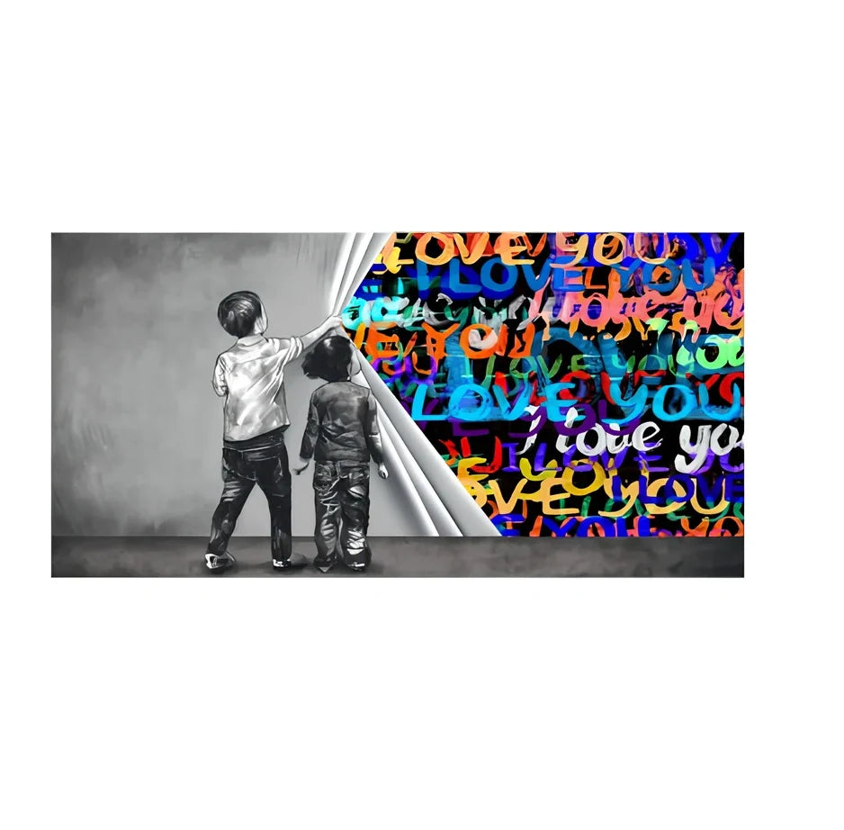 Frameless abstract graffiti canvas art for children's rooms in multiple sizes and colour variations