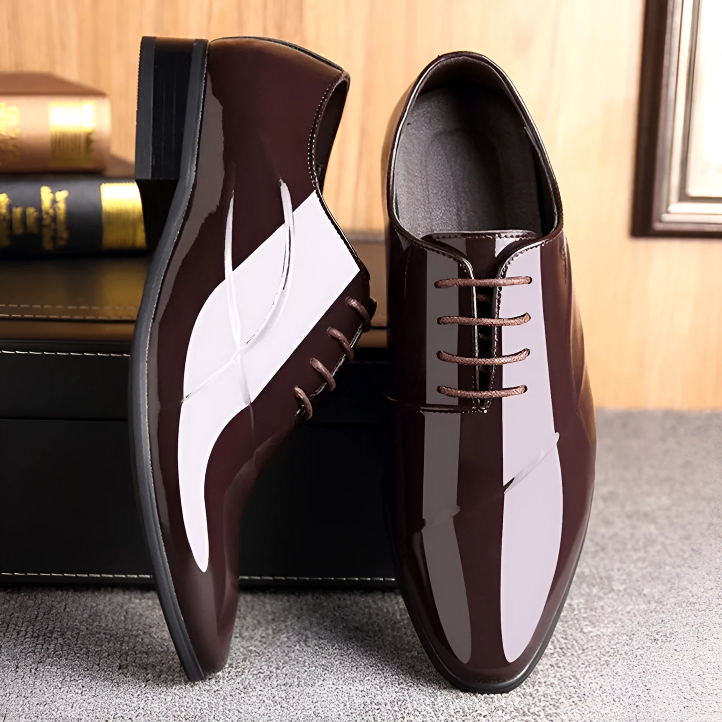 Men's black and brown square toe business formal shoes with PU leather upper