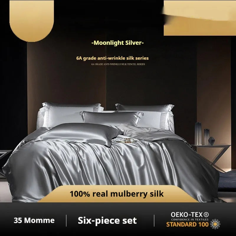 Household Fashion silk four-piece quilt cover set in solid colour showing 100% silk material texture and light luxury design