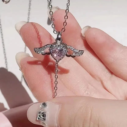 Cupid heart angel wings necklace with titanium steel, zircon crystal and 41-50cm O-shaped chain in silver or gold