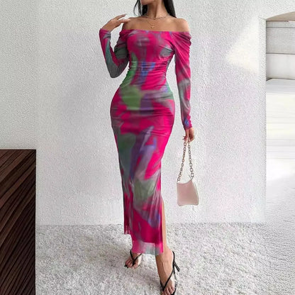 Women's green gradient printed pleated dress with fishtail skirt and square collar