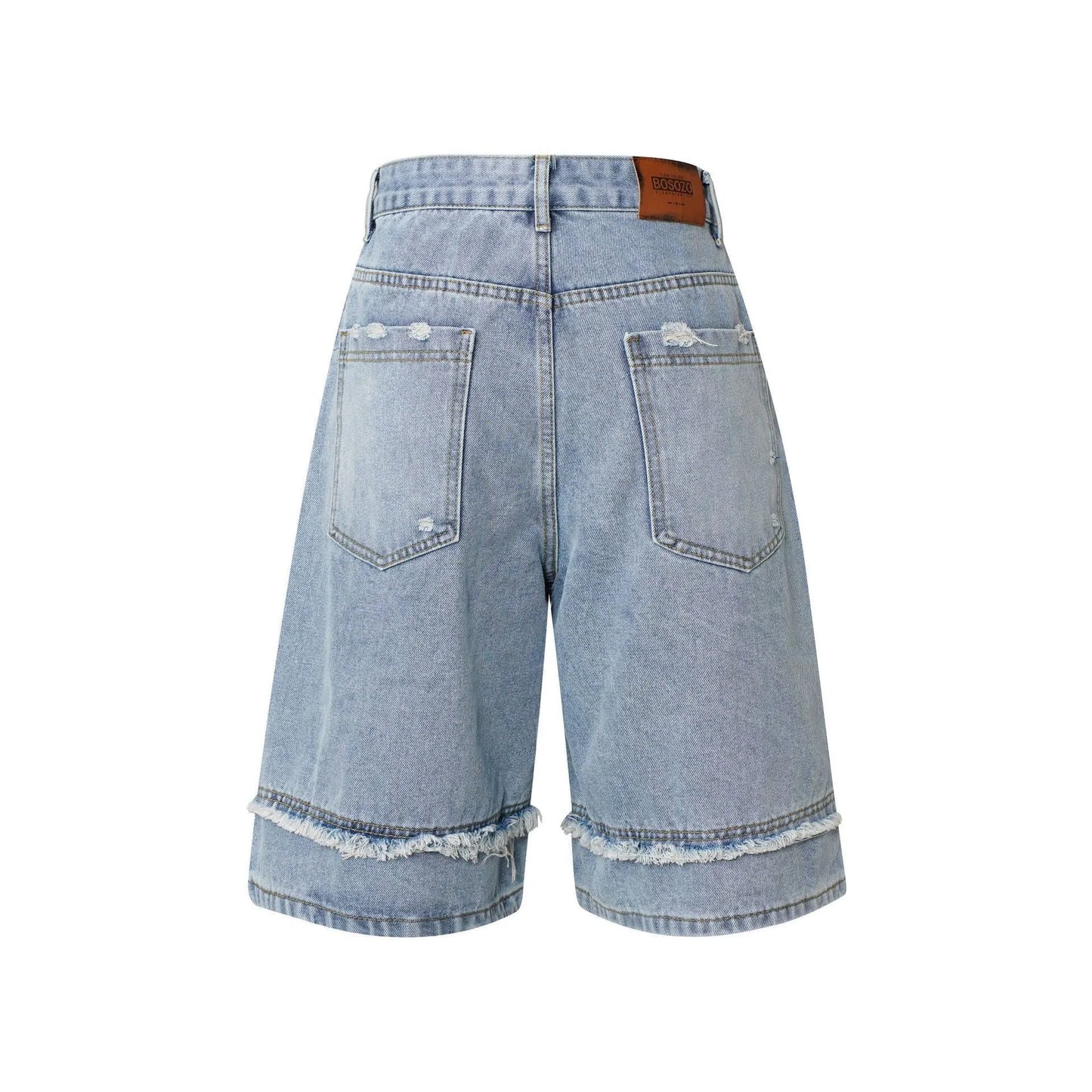 American Pu Shuai black distressed denim shorts with raw edge hem, straight leg, on a plain background.