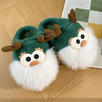 Cozy Cartoon Deer Slippers with Plush Fabric, Thick EVA Soles, and Whimsical Design for Comfortable Indoor Wear