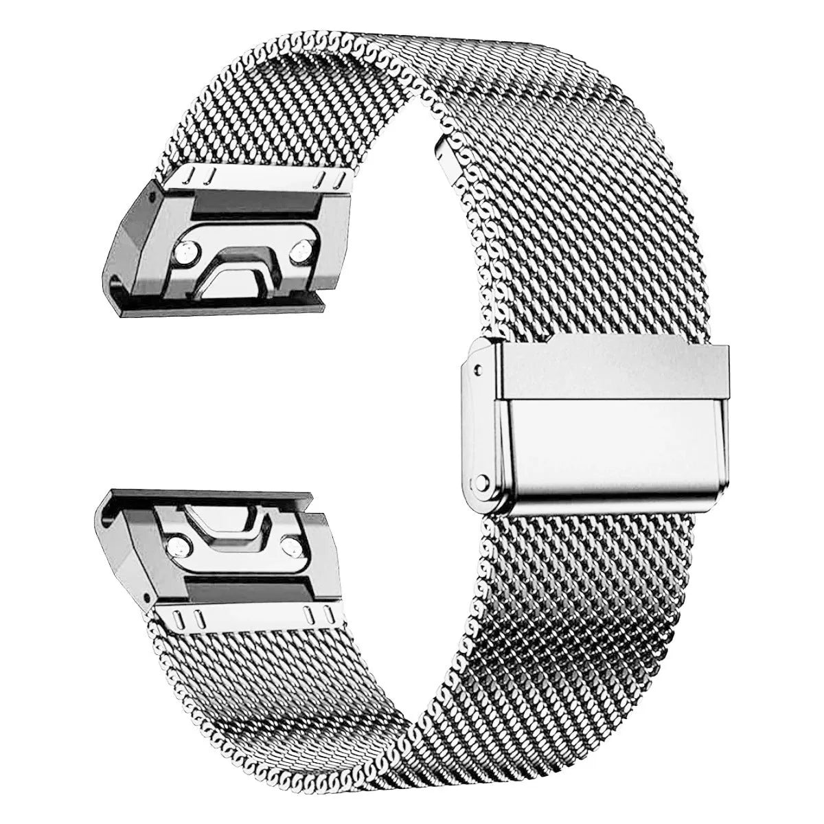 Stainless steel card strap for Garmin Fenix watch showing integrated card slot and buckle closure