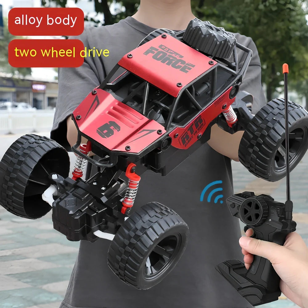 Children's remote control car with six wheels and 38cm climbing capability in black, gold, or red colours