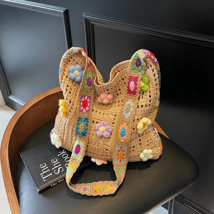 Woven polyester shoulder bag showing hollow knitting texture and single 41cm strap in neutral colour