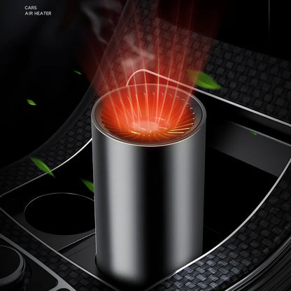 Black-grey 12V car windshield heater with suction cup mount measuring 15x7cm with 1.5m cable