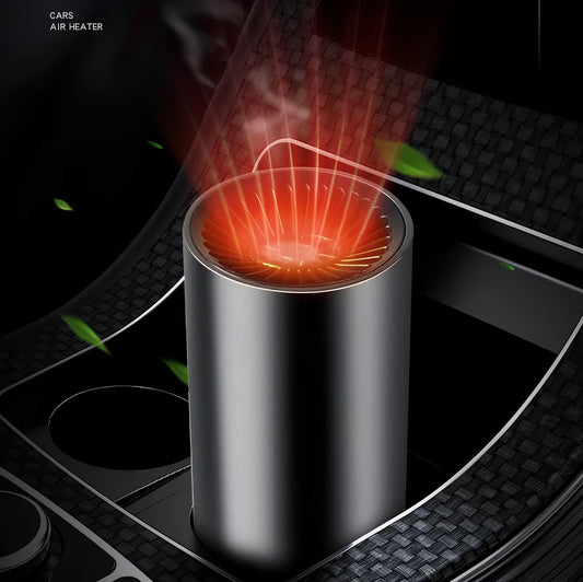 Black-grey 12V car windshield heater with suction cup mount measuring 15x7cm with 1.5m cable