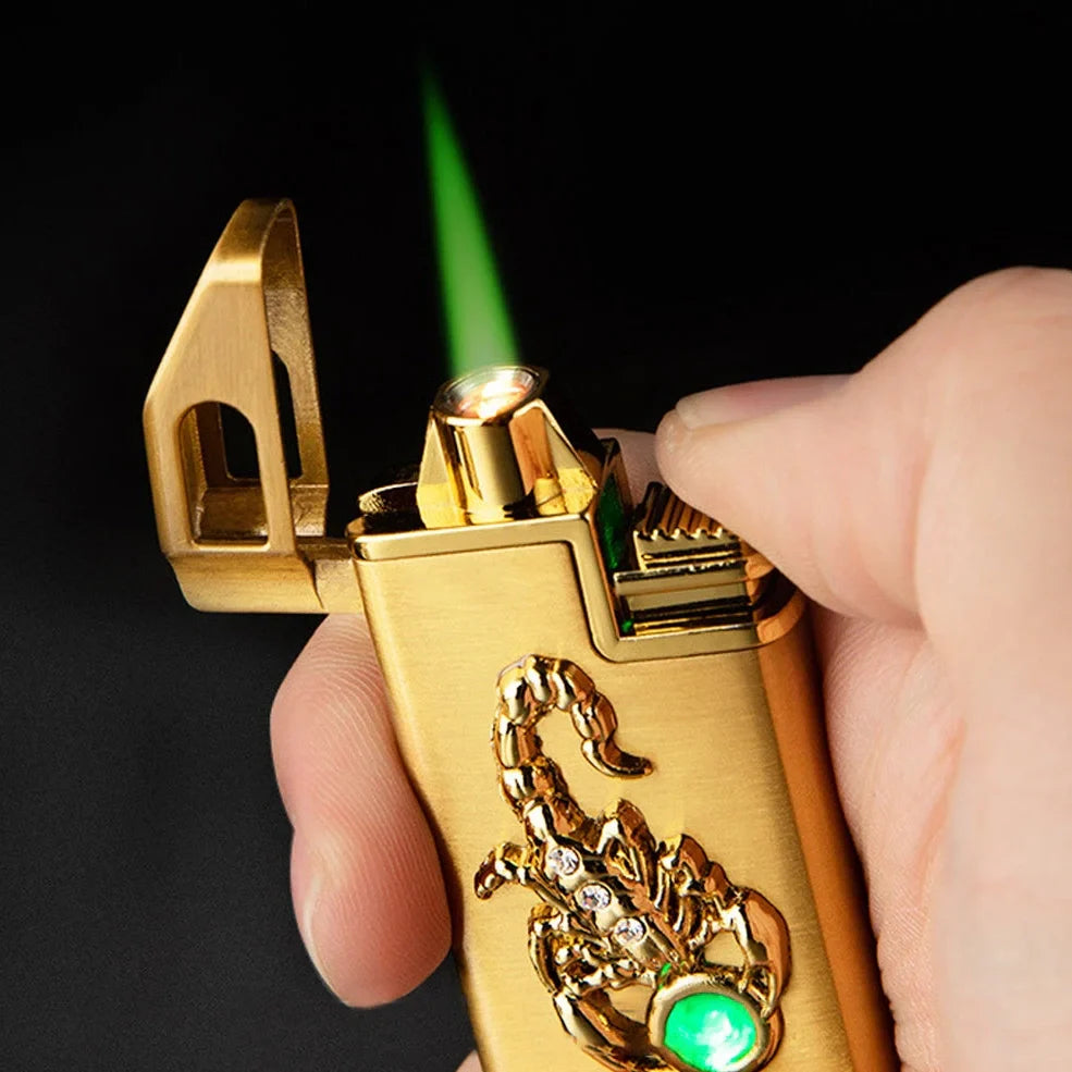 Scorpion Chip Gas Lighter with zinc alloy housing in gold or silver finish, 65mm length