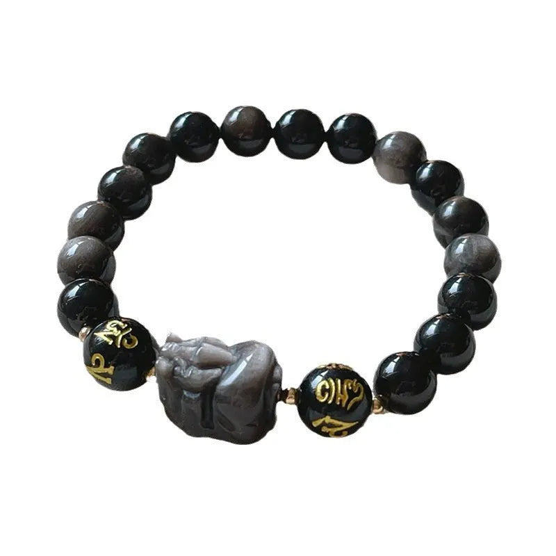 Men's silver stone bracelet with engraved proverb beads and Chinese zodiac style on a wrist.