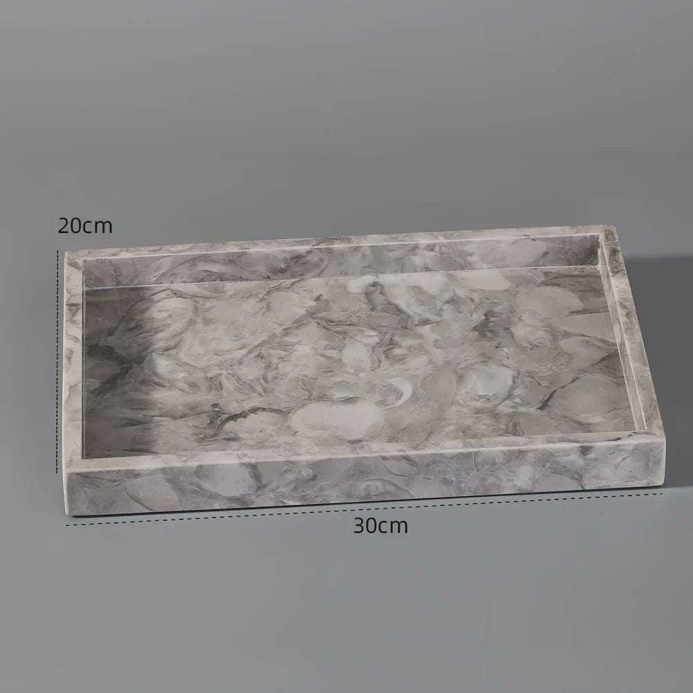 Bawang flower marble bathroom set with tissue box, 30x20cm tray, and lotion bottle in white veined stone