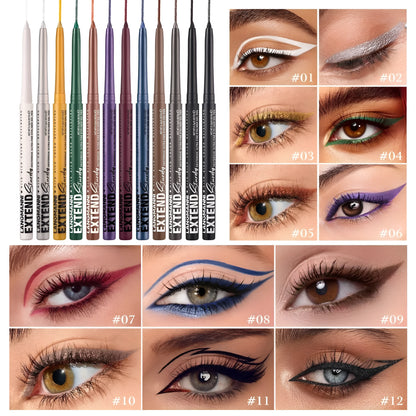 12 colourful gel glitter eyeliner pencils with matte and glitter finishes in waterproof formula