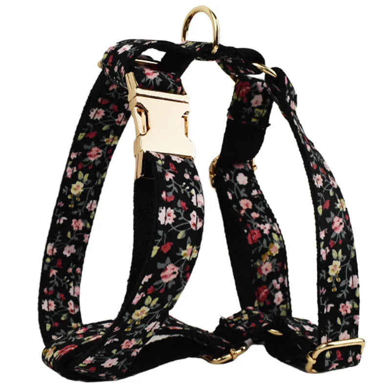 Cloth dog collar and leash set with matching vest and removable bow decoration in multiple size options