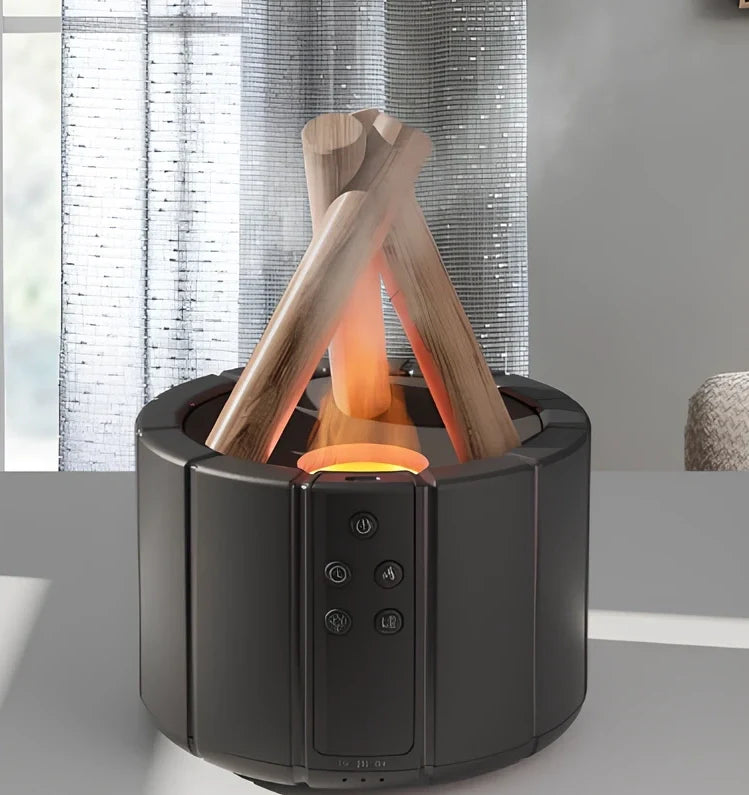 White H9 flame simulation humidifier with 280ml tank on desk, showing ultrasound mist and LED flame effect for aromatherapy