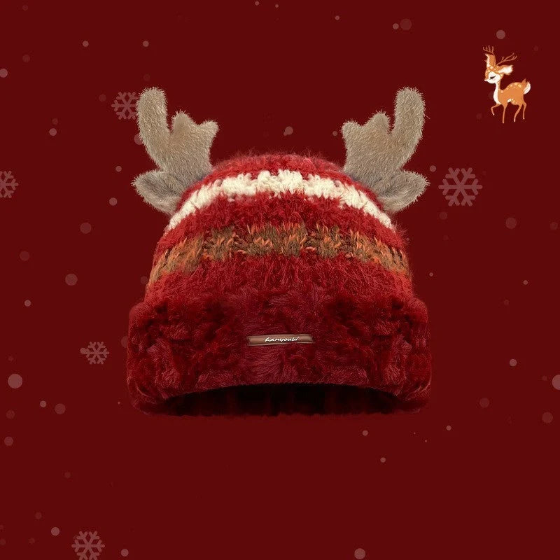 Cozy knit Christmas hat with playful deer antler design in various festive colors