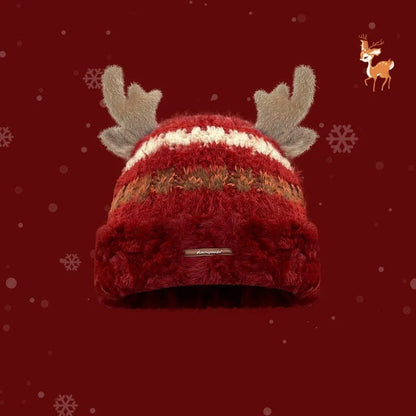 Cozy knit Christmas hat with playful deer antler design in various festive colors