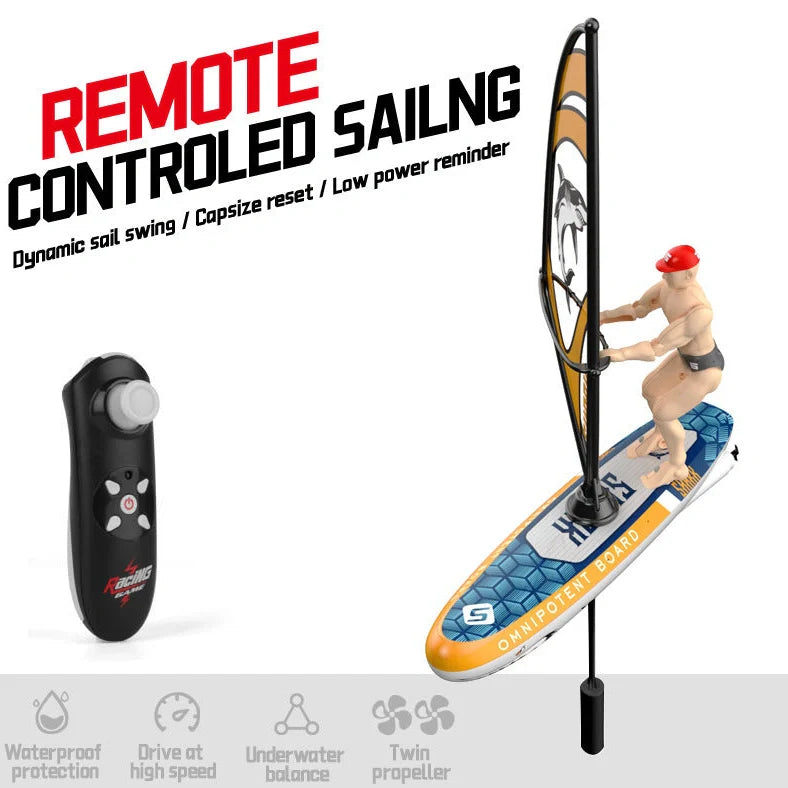 Blue remote control speedboat toy on water with USB charging cable