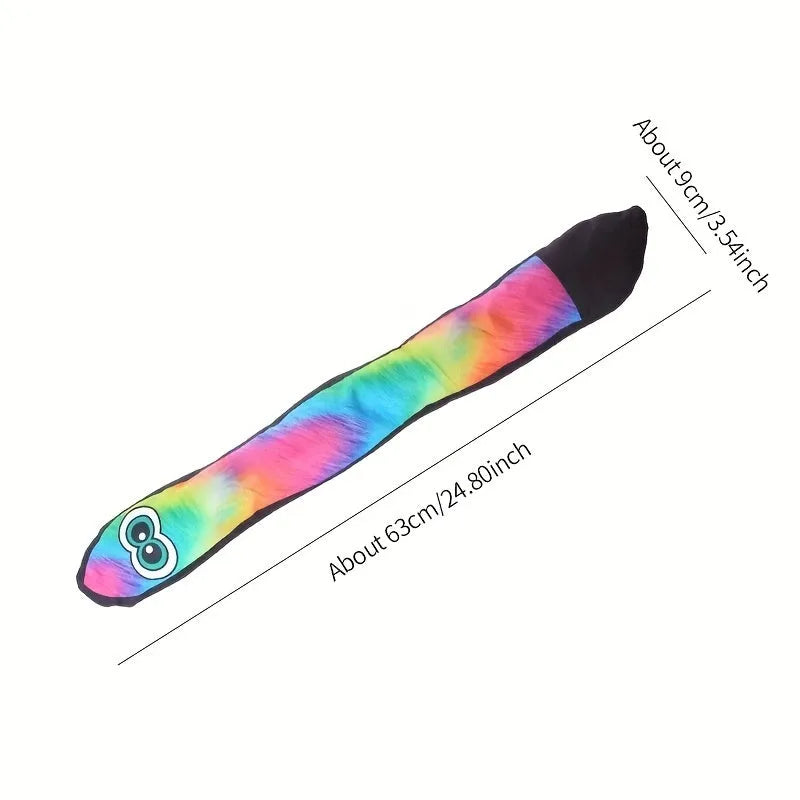Multicolour striped plush snake dog squeaky toy on a white background.