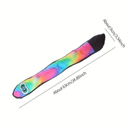 Multicolour striped plush snake dog squeaky toy on a white background.