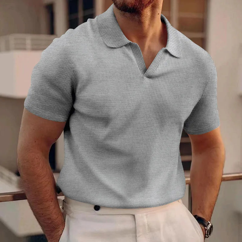 Men's lapel collar waffle knit T-shirt in slim fit, shown in a solid colour.