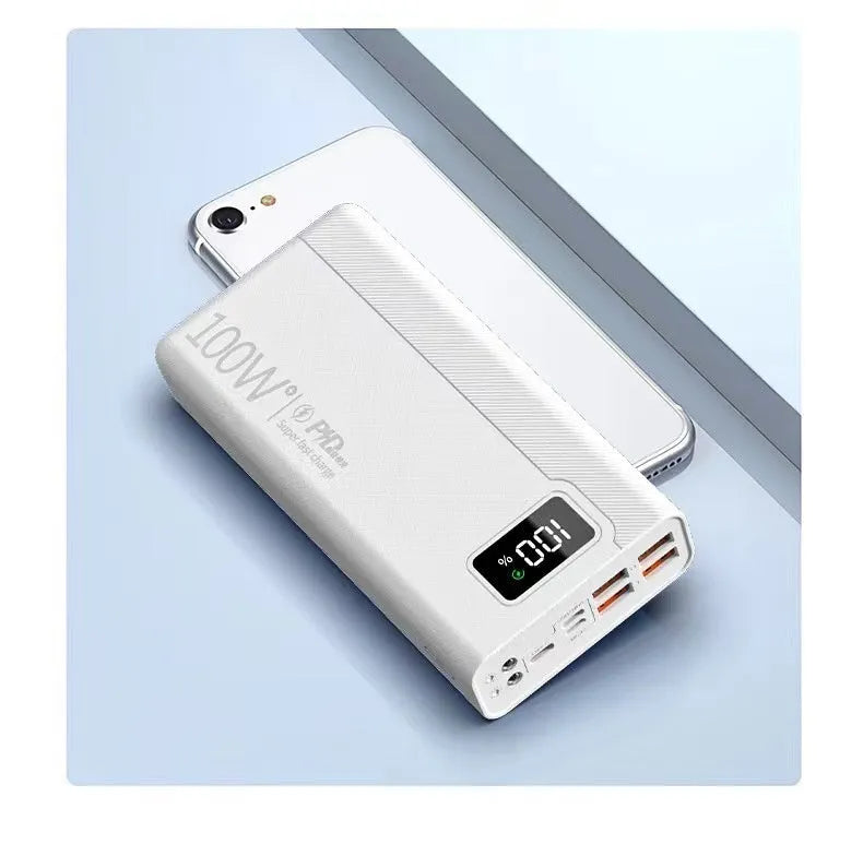 Black or white large capacity power bank showing its portable size and charging port.