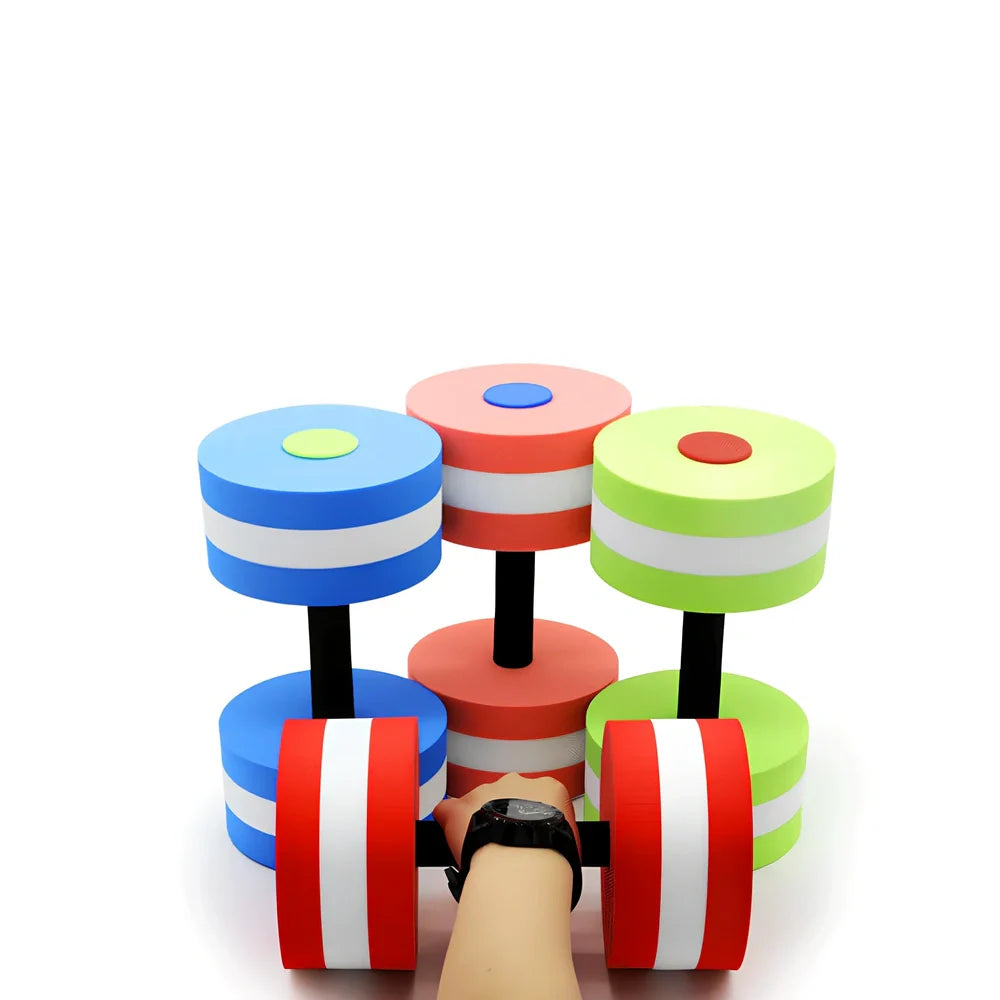 Pair of rose red EVA foam water aerobics dumbbells with 15cm diameter and snap-type connection