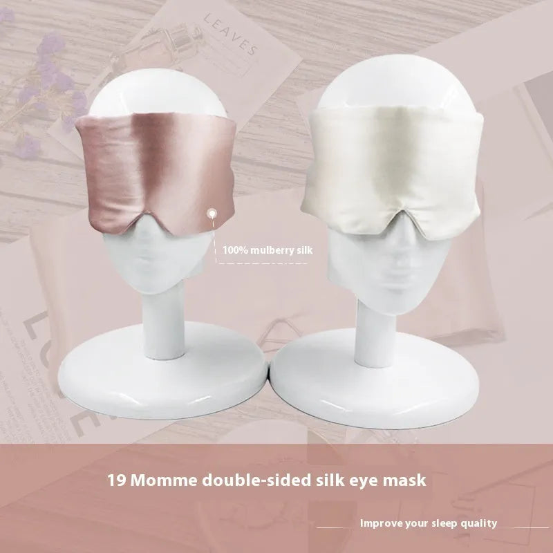 Mulberry silk sleep eye mask in champagne gold colour showing contoured design and adjustable strap