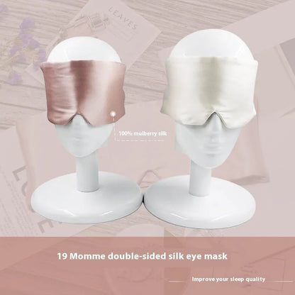 Mulberry silk sleep eye mask in champagne gold colour showing contoured design and adjustable strap