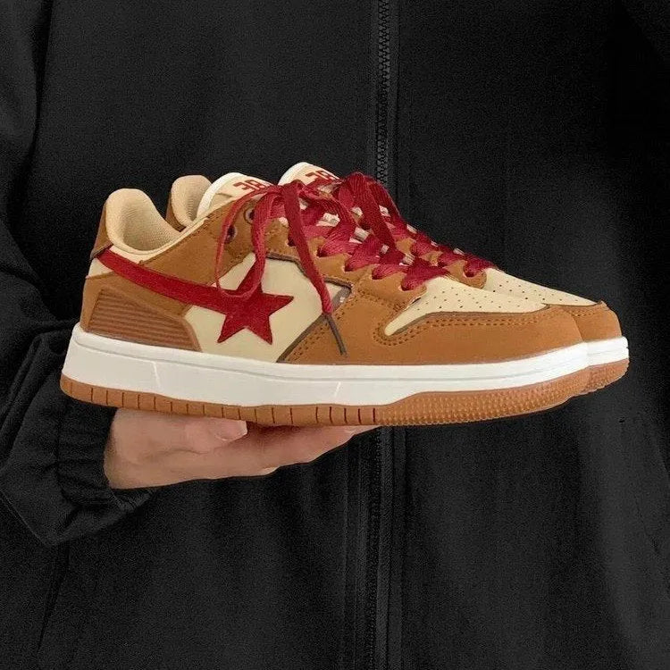 Brown women's platform sneakers with sequin trim and lace-up front