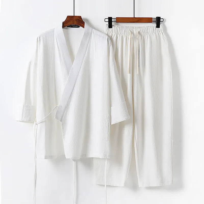 Cardigan-style hanfu two-piece suit in cotton linen blend, traditional Asian clothing set