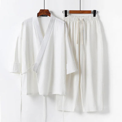 Cardigan-style hanfu two-piece suit in cotton linen blend, traditional Asian clothing set