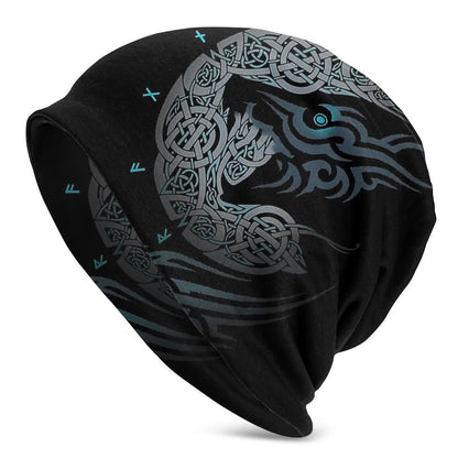 A black cotton hat with a white Viking wolf graphic and an elasticated sleeve cap construction.