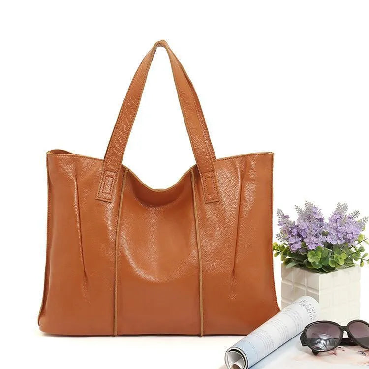 Top grain leather single shoulder tote bag in apricot with stitching and patchwork, soft genuine leather, women's daily wear bag.