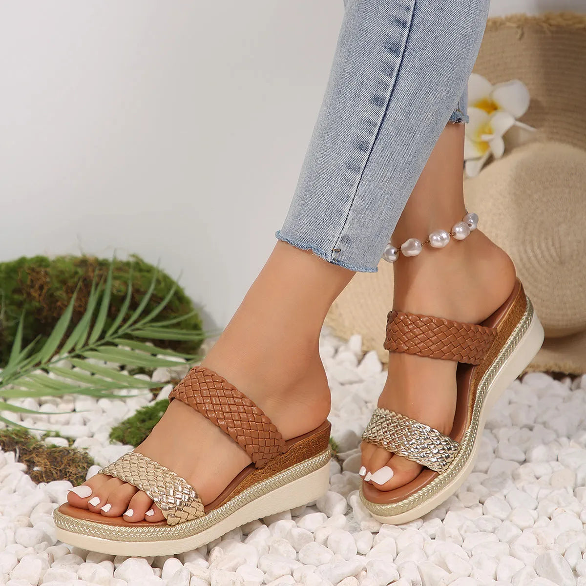 Women's gold and silver plus size wedge sandals with rubber soles on size chart