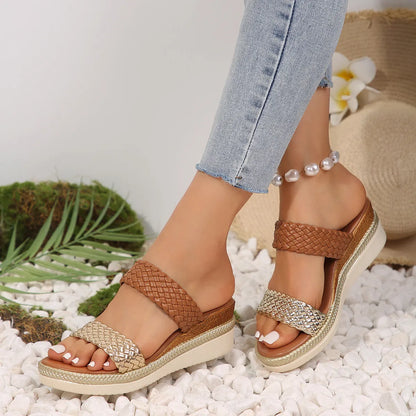 Women's gold and silver plus size wedge sandals with rubber soles on size chart
