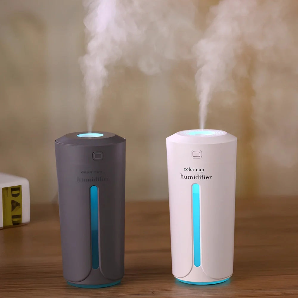Mini USB humidifier with transparent water tank showing 7-colour LED illumination