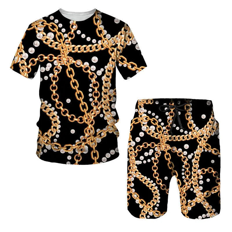 Chain pattern digital printed short sleeve T-shirt and shorts matching suit set for summer.