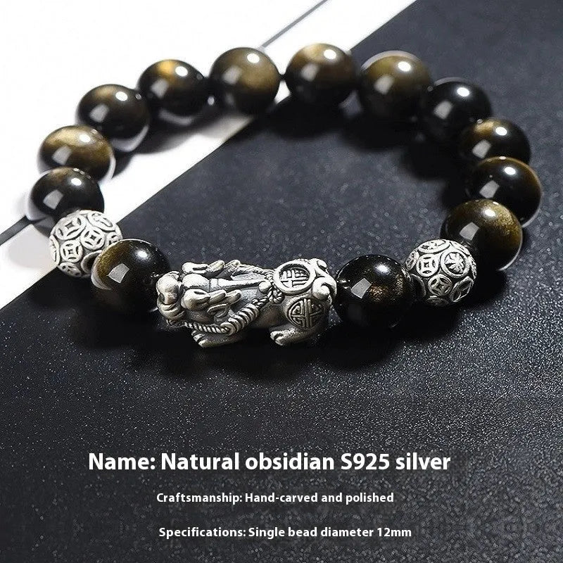 Men's geometric obsidian bracelet in polished sterling silver, shown in 12mm width size.