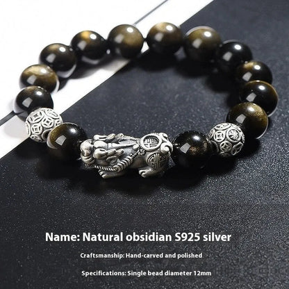 Men's geometric obsidian bracelet in polished sterling silver, shown in 12mm width size.