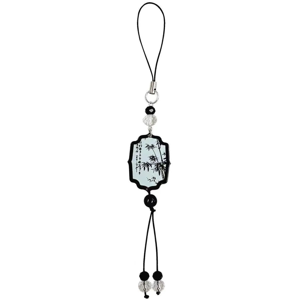Guofeng Chinese style bead pendant keychain with detailed plants and flowers pattern on a metal clip.