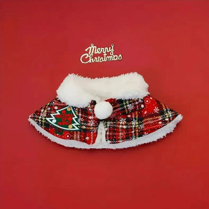 Pet wearing Christmas scarf with snowflake pattern, showing adjustable fit and holiday design details