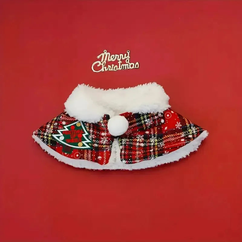 Pet wearing festive scarf with snowflake bell design, red background, adjustable fit for winter warmth