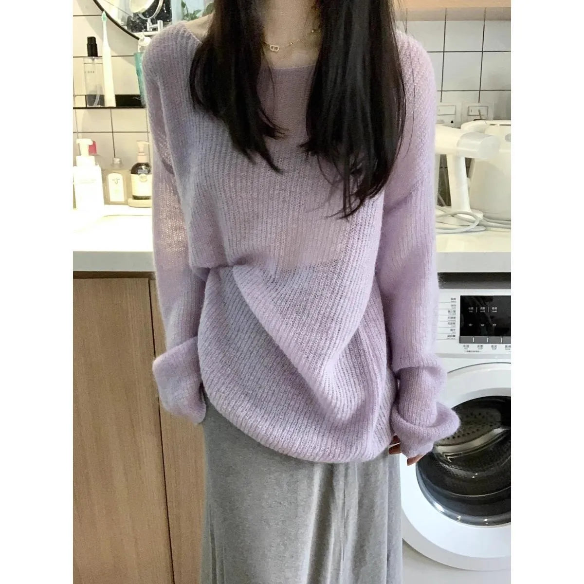 Women's purple blouse with round neck and princess sleeves, made from lightweight ice silk fabric