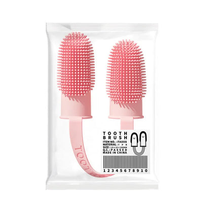 Pet tooth cleaning finger set showing double finger toothbrush covers in pink, blue green, and grass yellow colours.