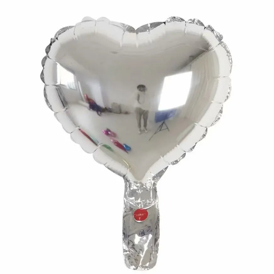 Five peach heart-shaped aluminium foil balloons in metallic colours showing 5-inch size