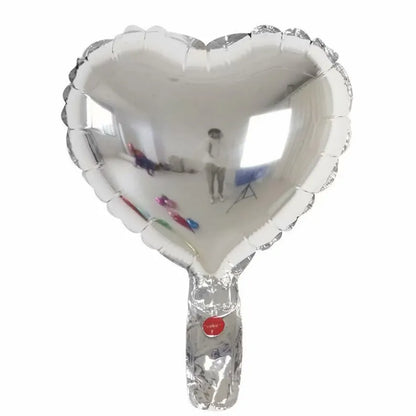 Five peach heart-shaped aluminium foil balloons in metallic colours showing 5-inch size