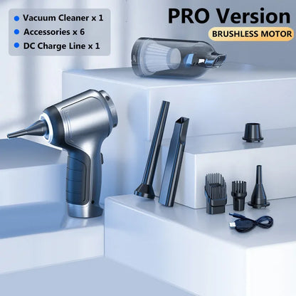 Brushless handheld and vertical car vacuum cleaner with 12000Pa suction, shown with optional EVA storage bag.